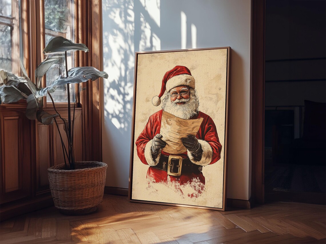 Santa Claus Reading His Long Christmas List Vintage Holiday Art Poster - Image 6