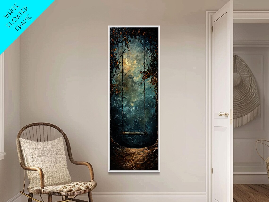 Tree Swing At Night Crescent Moon Dark Moody Forest Whimsical Scene Poster - Image 2