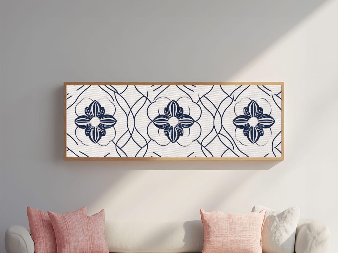 Navy Blue Floral Pattern Tile Art Moroccan Line Flower Wall Poster - Image 5