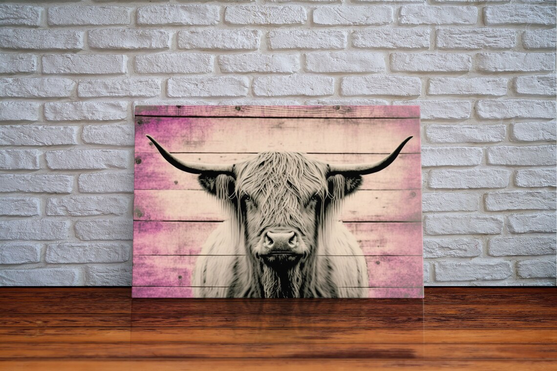 Highland Cow Pink Distressed Wood Portrait Rustic Farmhouse Art Poster - Image 6
