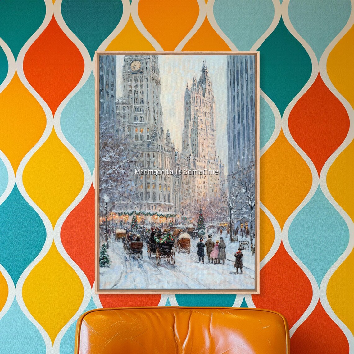 Historic City Street Snowy Horse Carriages At Christmas Night Poster - Image 2