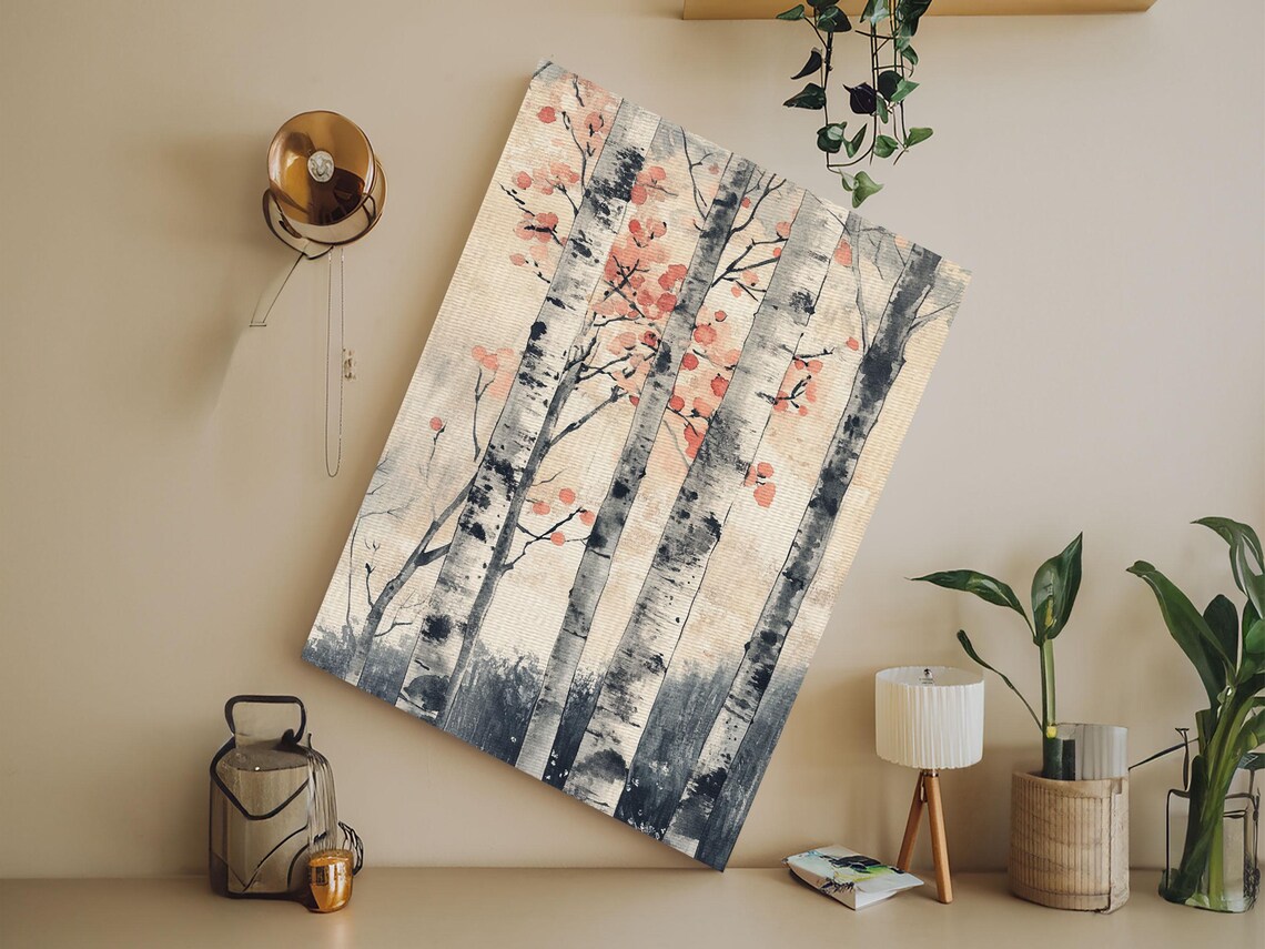Watercolor Birch Trees With Red Blossoms Autumn Forest Poster - Image 5