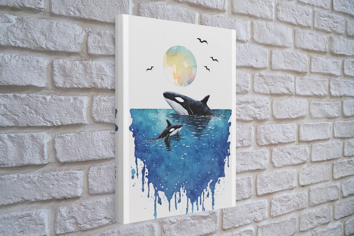 Watercolor Orca Whales Mother Calf Ocean Blue Drip Nursery Art Poster