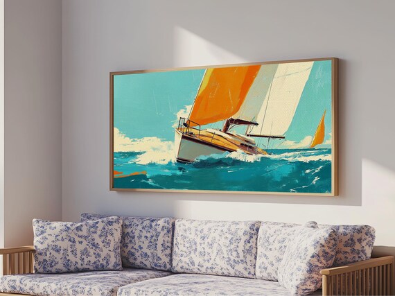 Retro Sailboat Racing Poster Orange Sail on Turquoise Waves Beach Print