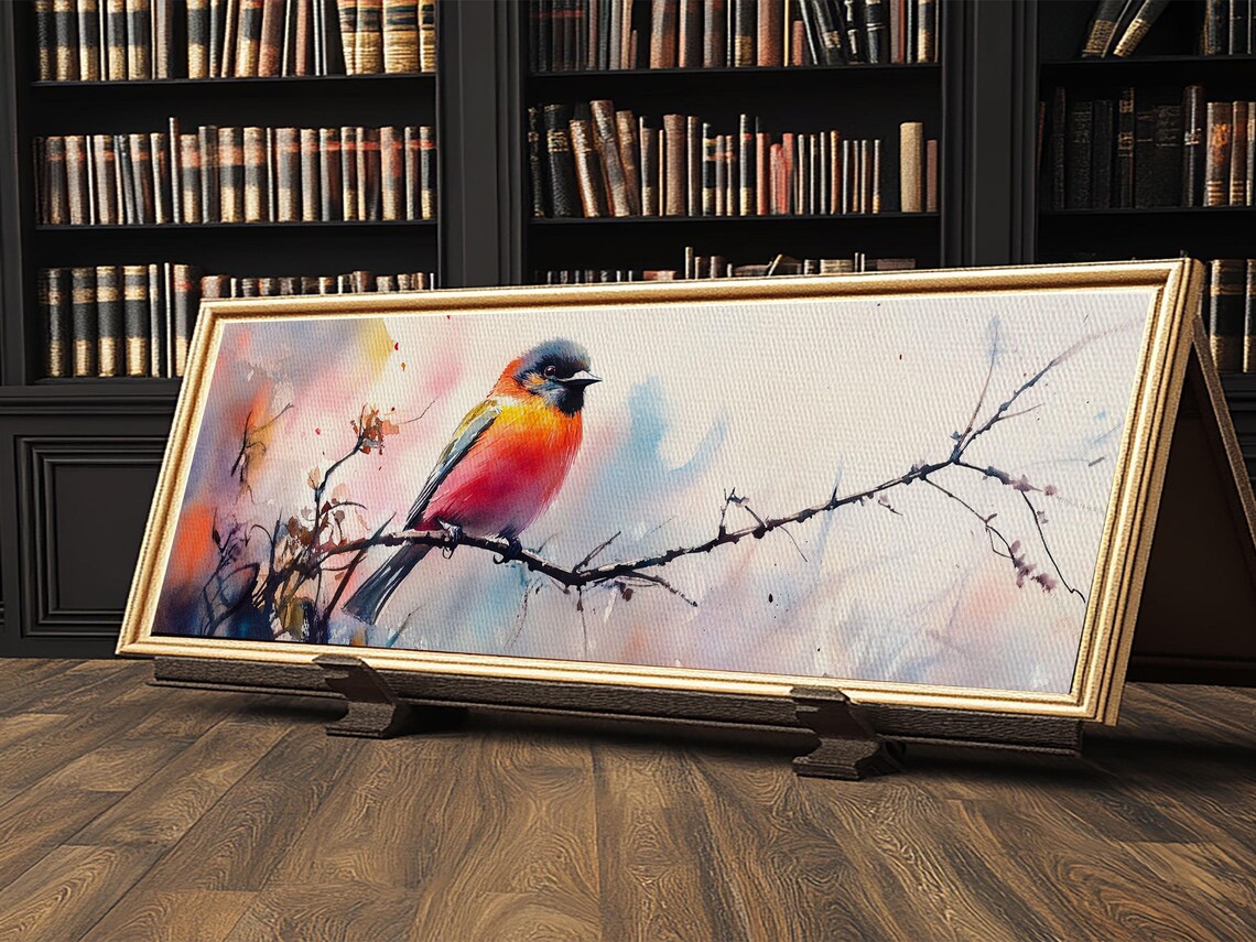 Autumn Colorful Songbird Watercolor Branch Panoramic Bird Wall Poster - Image 3