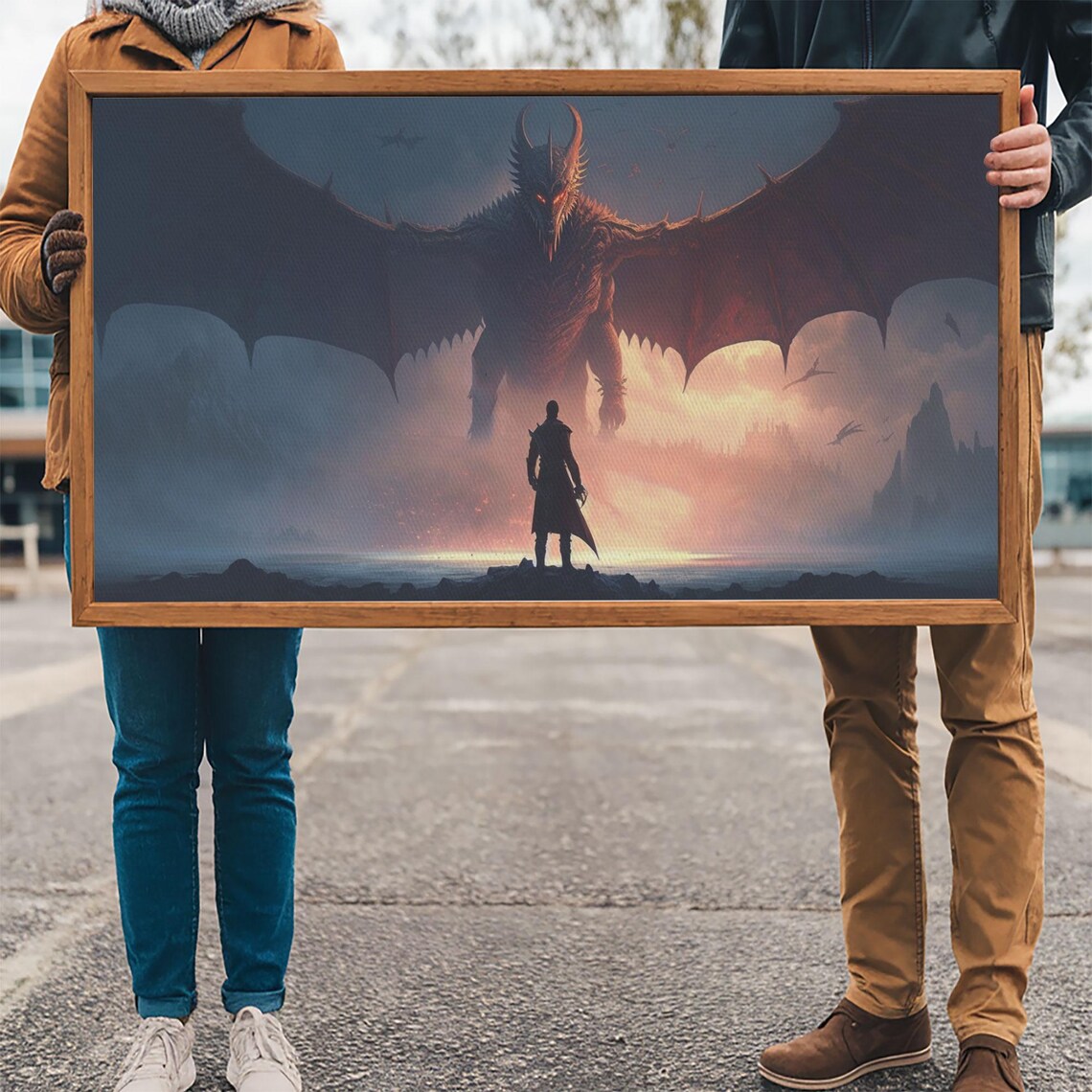 Warrior Facing Giant Dragon Misty Battlefield Epic Fantasy Wall Poster - Image 3