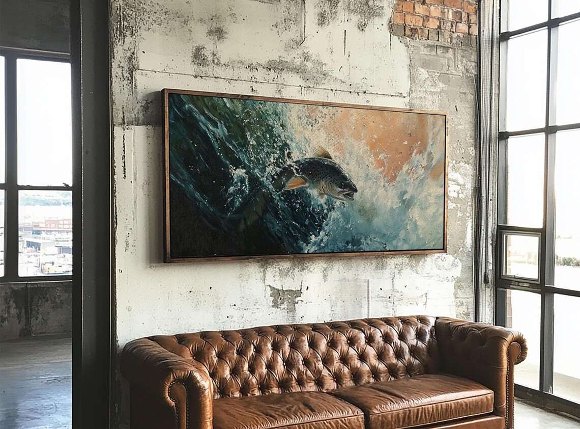 Leaping Trout Splash River Water Oil Painting Fisherman Wall Poster - Image 2