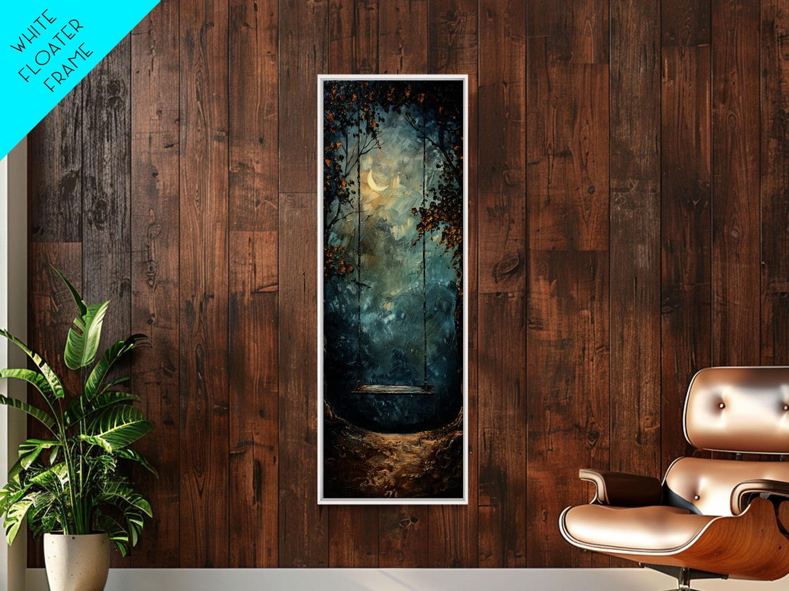 Tree Swing At Midnight Framed Print Secret Garden Dark Academia Whimsical Minimalist Wall Art Night Time Under A Crescent Moon