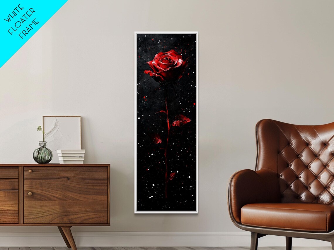 Single Red Rose Dark Starry Night Moody Gothic Floral Poster - Image 3
