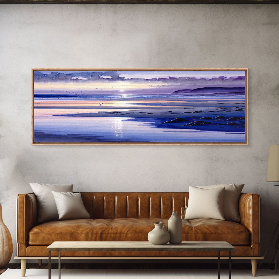 Panoramic Violet Beach Sunset Watercolor Waves Reflections Wall Poster