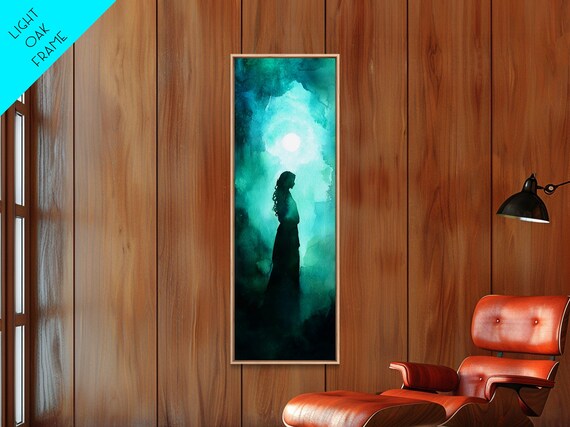 Moonlit Goddess Silhouette Teal Watercolor Night Mystical Wall Poster