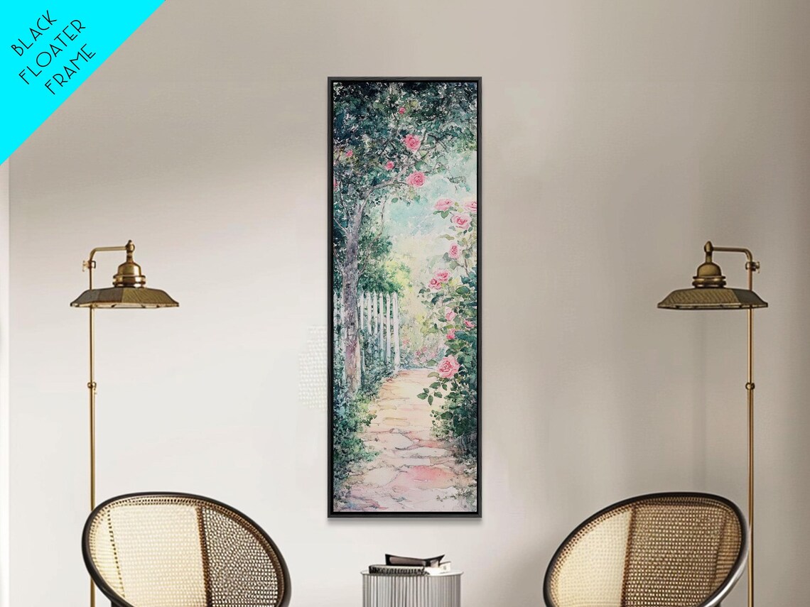 Rose Garden Stone Path Pink Roses Watercolor Painting Vertical Poster - Image 2