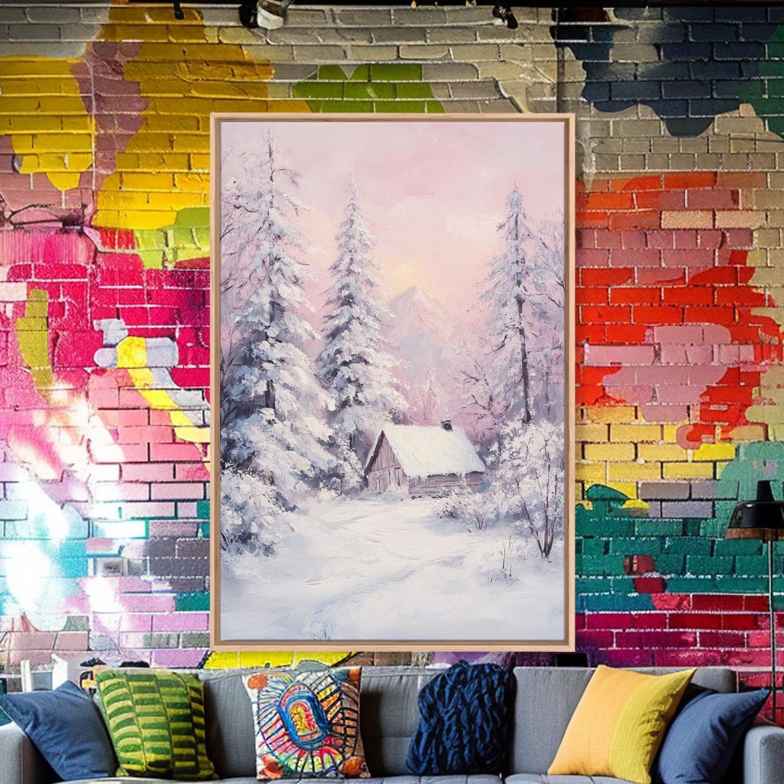 Pink Sunset Snowy Cabin In Winter Pine Forest Hideaway Poster