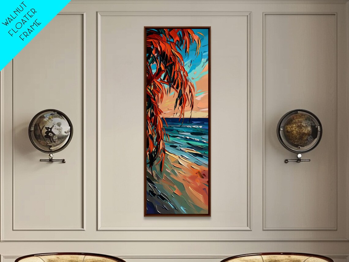 Coastal Palm Fronds Sunset Beach Turquoise Waves Painting Poster - Image 6