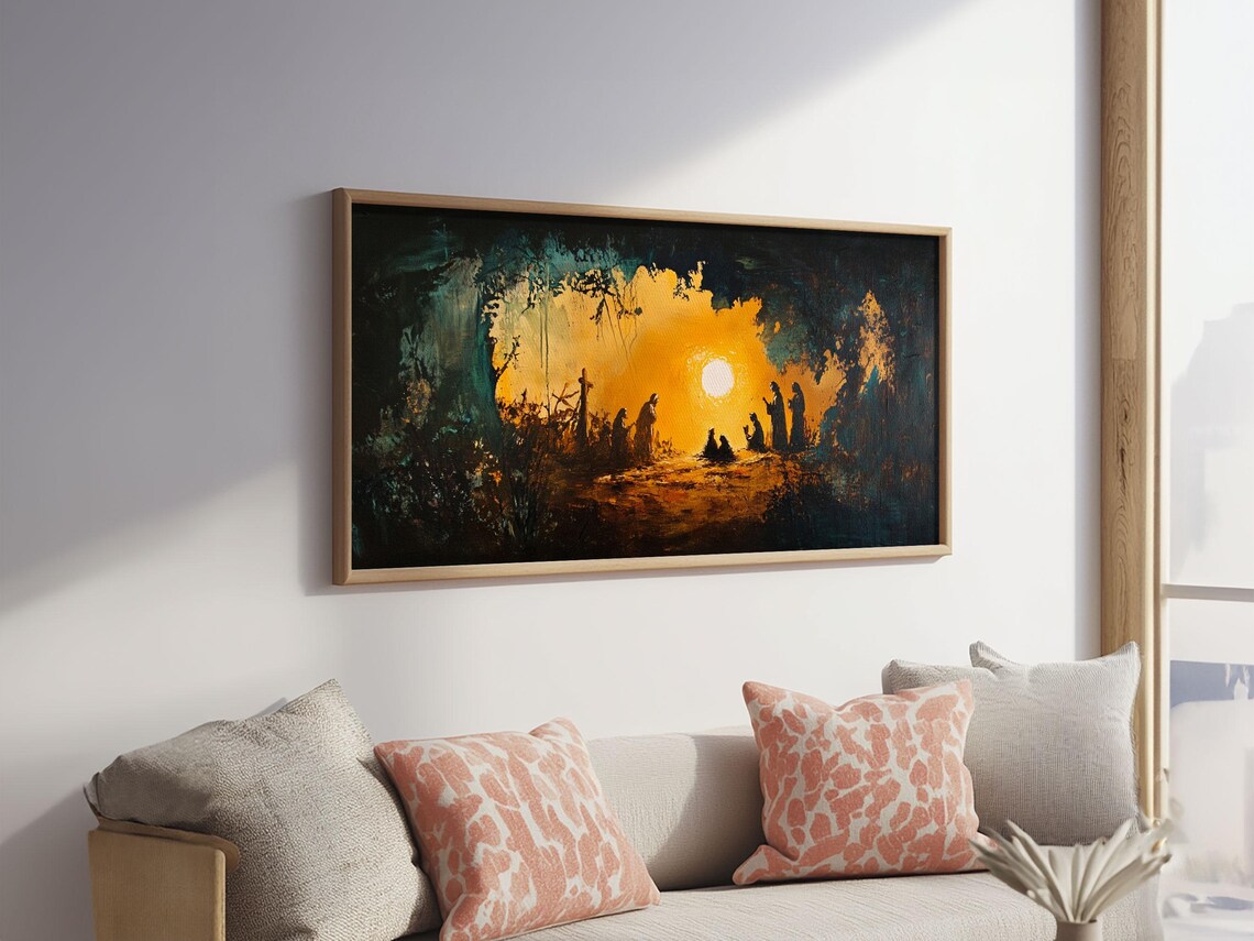 Christmas Nativity Manger Golden Light Silhouette Oil Painting Poster - Image 5