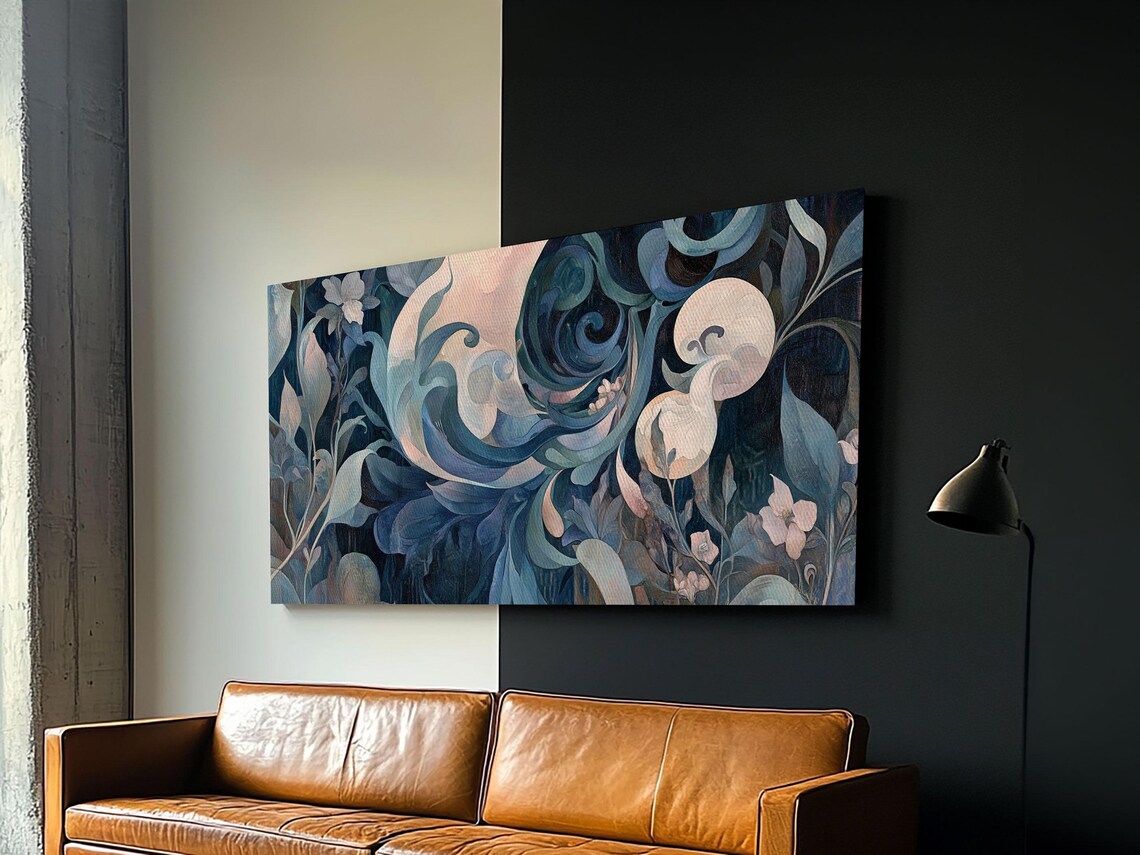 Moody Blue Art Nouveau Floral Moonlit Botanical Dark Wall Poster