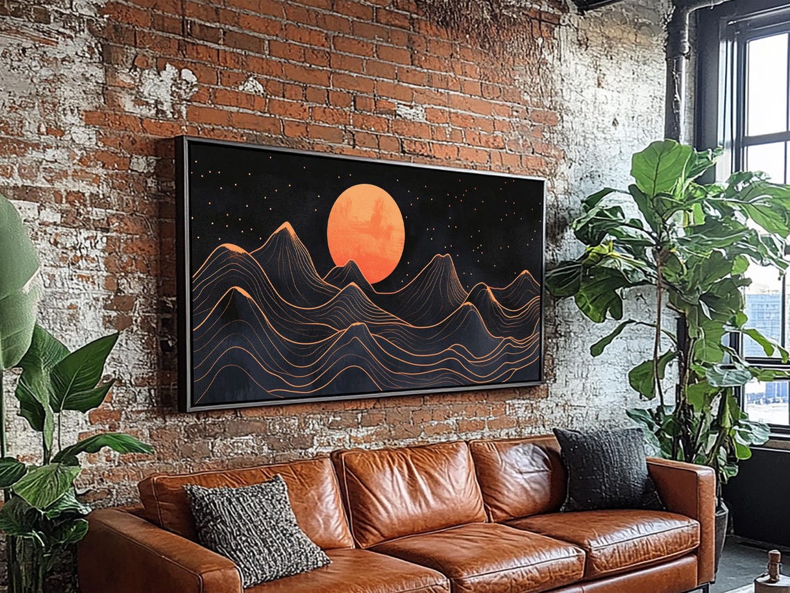 Art Deco Blood Orange Moon Over Mountain Waves Starry Night Print - Image 3