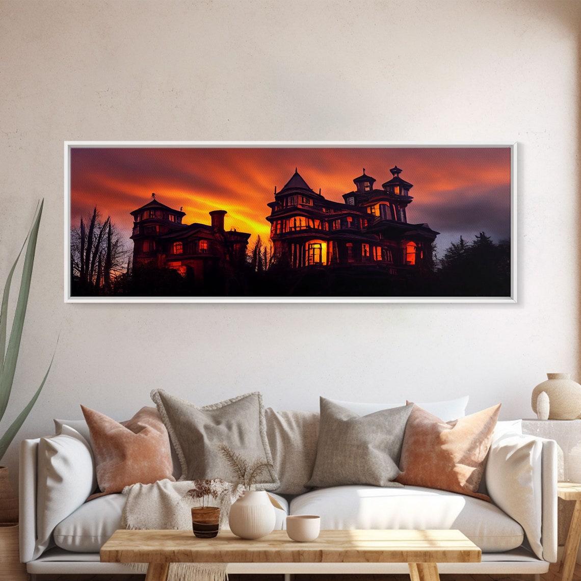 Spooky Victorian Haunted House At Sunset With Glowing Windows Wall Art - Image 5