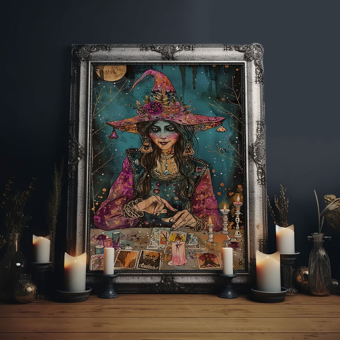 Witch Fortune Teller Tarot Cards Pink Hat Halloween Art Poster