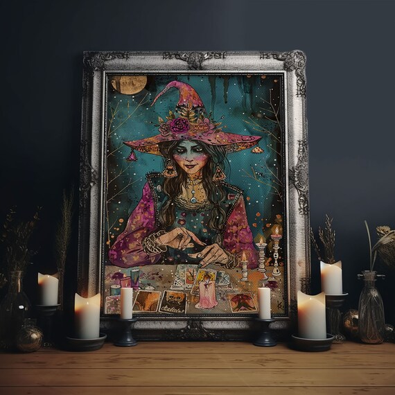 Witch Fortune Teller Tarot Cards Pink Hat Halloween Art Poster