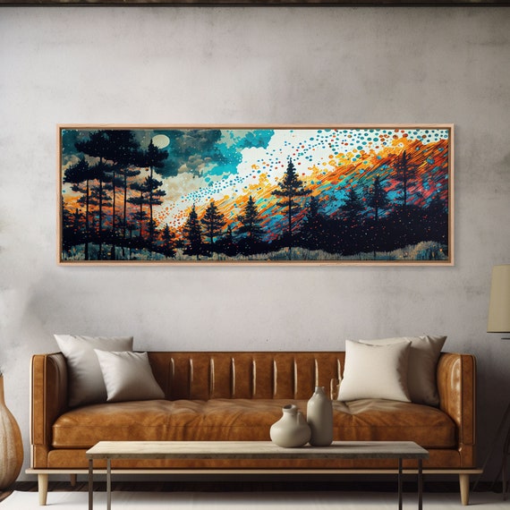 Extra Large 24 X 72 Wall Art Framed Print Abstract Pine Tree Forest Painting Painting Of A Forest Fire Against A Starry Night Sky