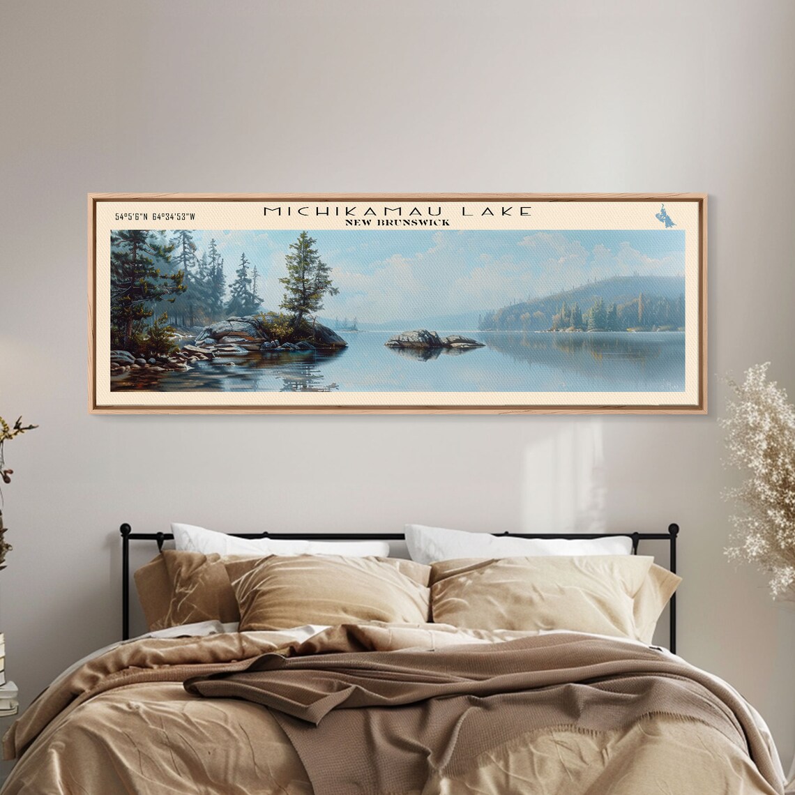 Michikamau Lake New Brunswick Rocky Islands Calm Water Travel Poster