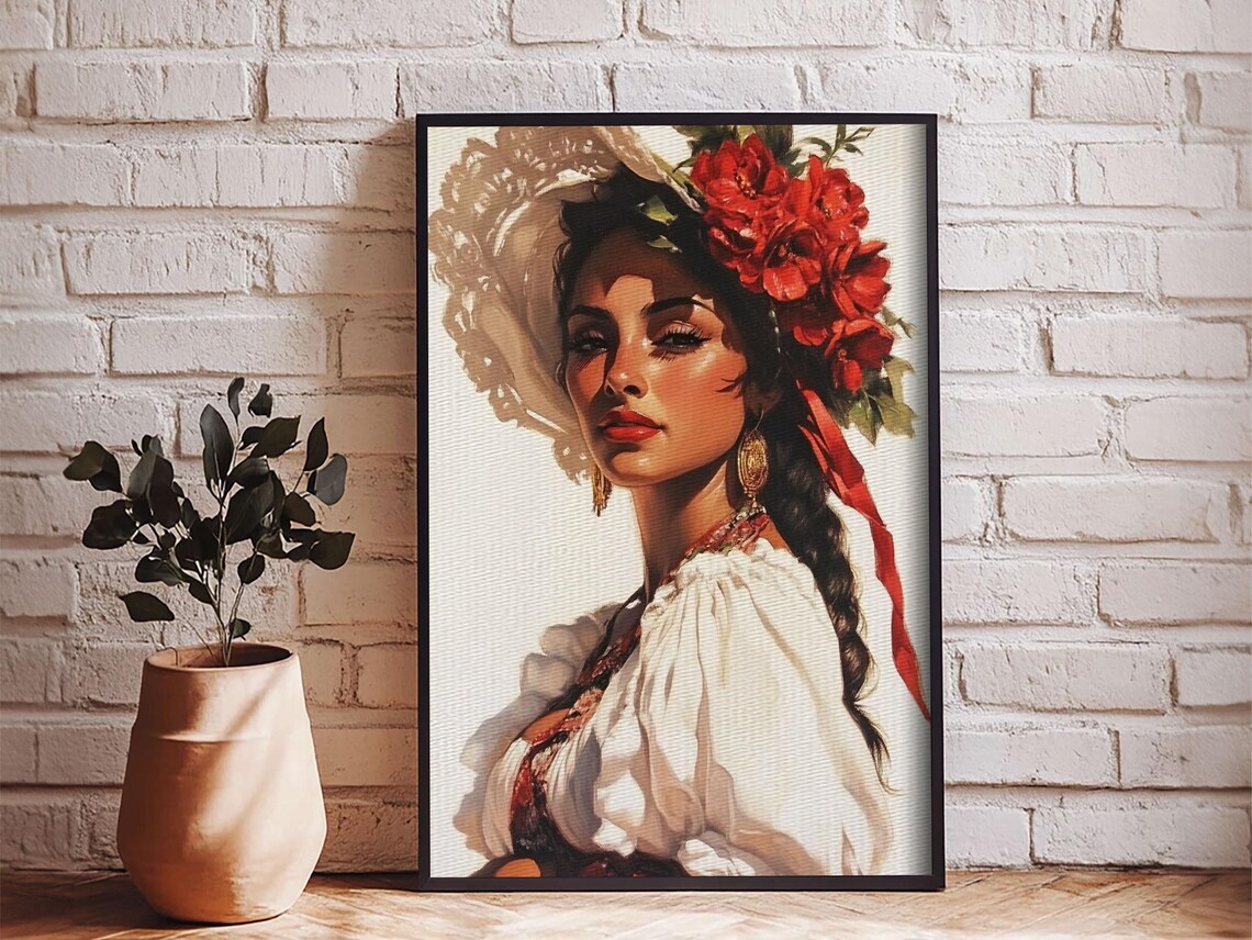 Latina Woman Portrait With Red Flowers In Hair Maximalist Wall Art