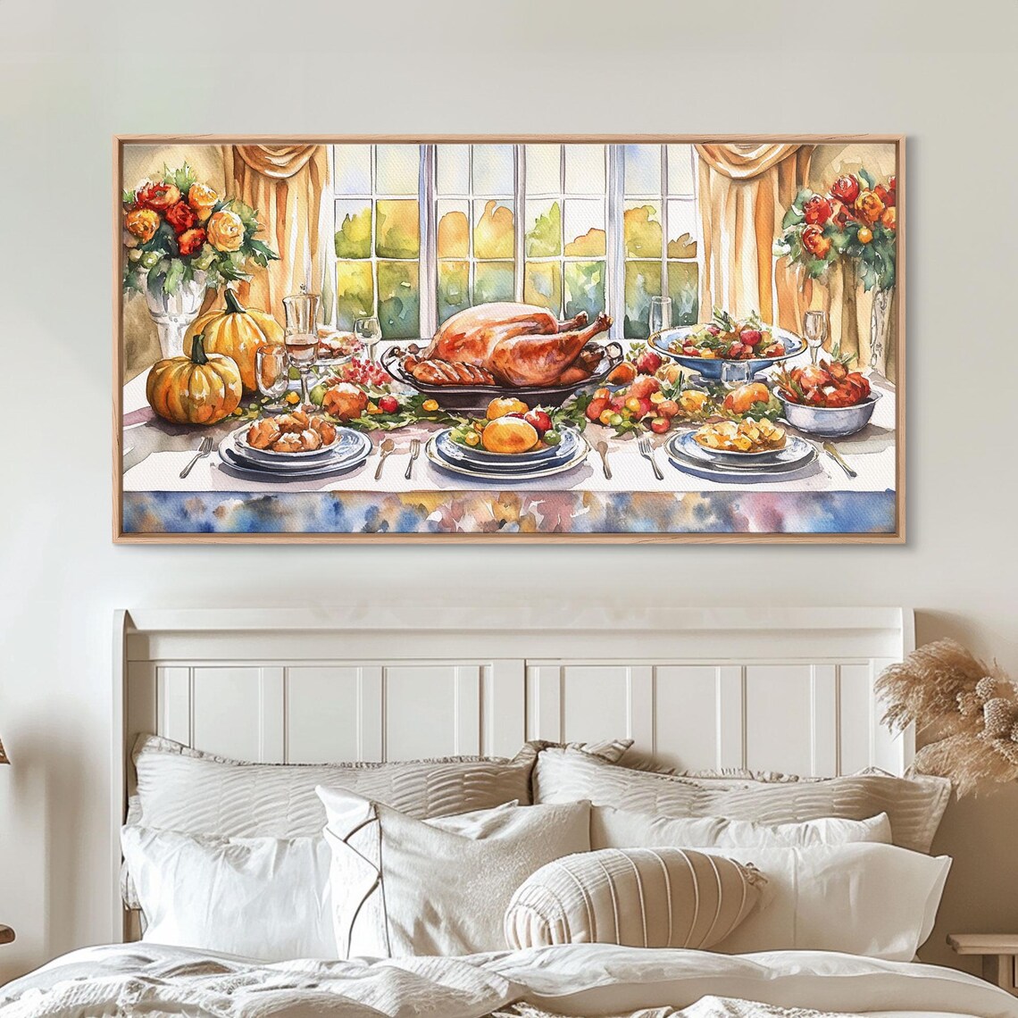Autumn Thanksgiving Dinner Table Feast Turkey Pumpkins Watercolor Art Poster - Image 4