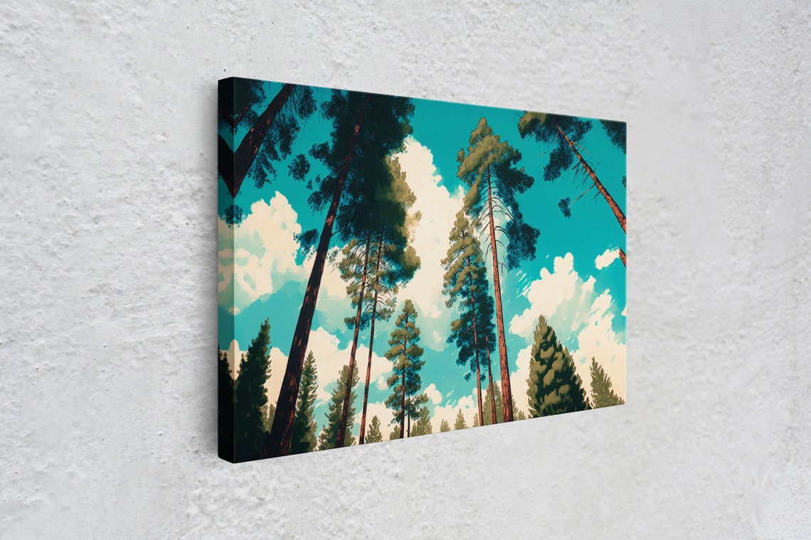 Tall Pine Trees Looking Up Blue Sky Clouds Forest Canopy Art Poster - Image 4