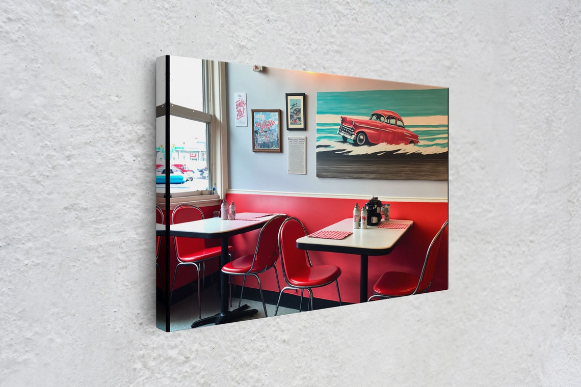 Retro American Diner Interior Red Booths Vintage Car Art Wall Poster - Image 4