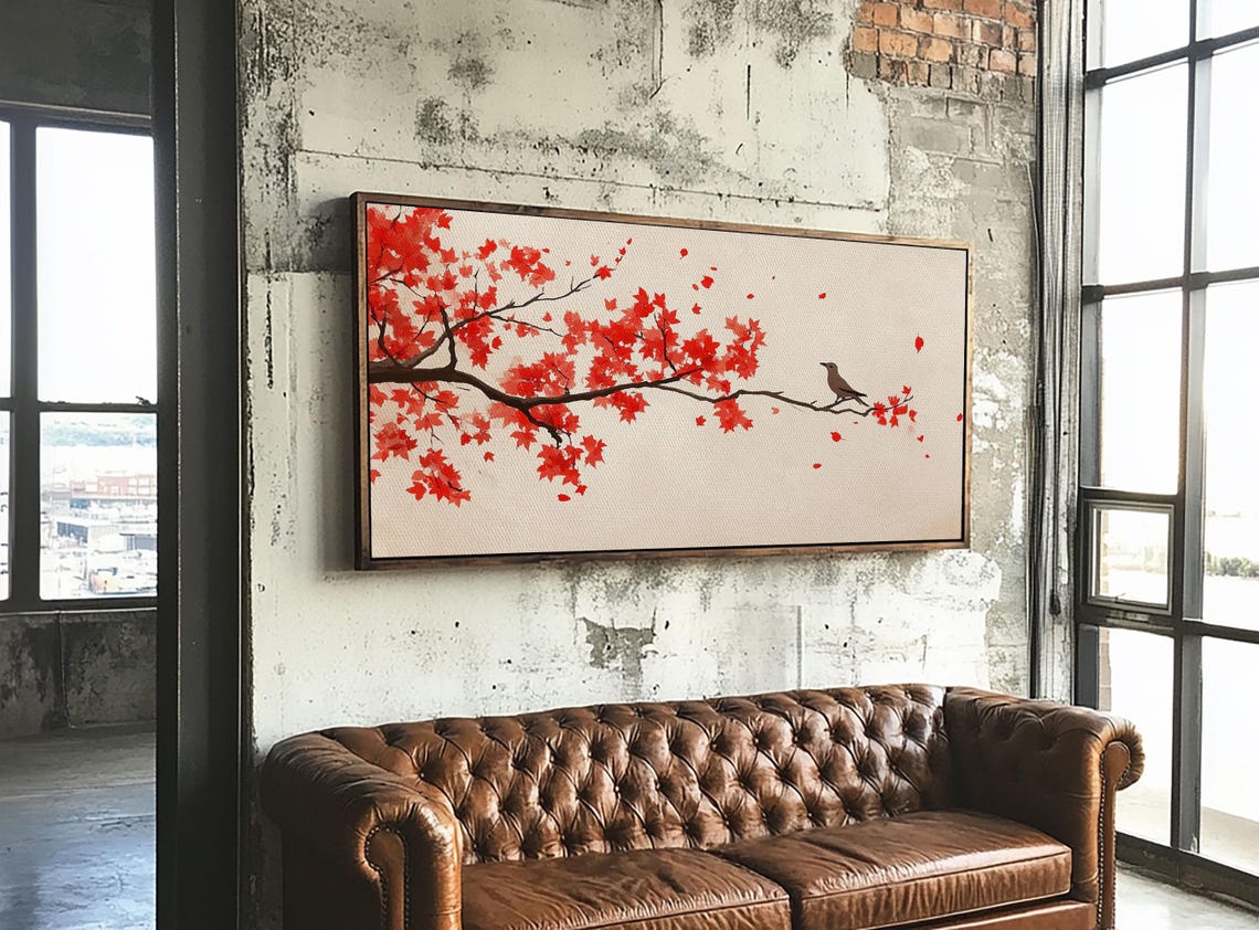 Red Maple Branch with Songbird Minimalist Autumn Fall Leaves Art Print - Image 3