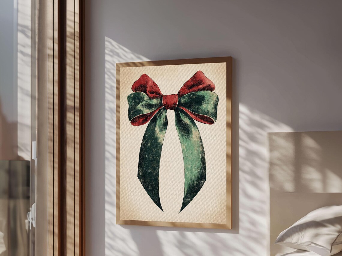Vintage Red and Green Christmas Gift Bow Illustration Holiday Wall Art