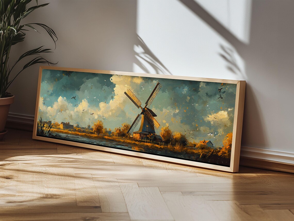 Autumn Windmill Scene Framed Print Rustic Fall Farmhouse Art Moody Living Room Wall Art Horizontal Panoramic Decor Gift Idea - Image 4