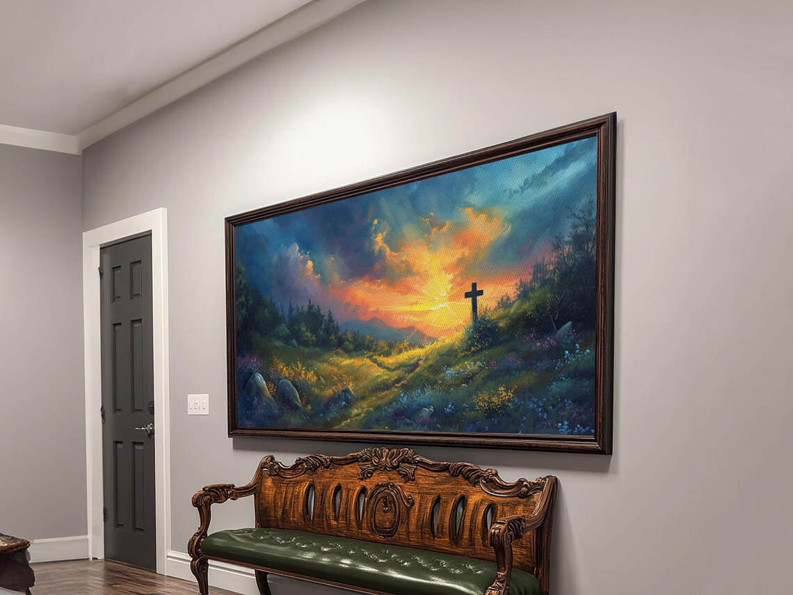 Christian Cross On Hill Sunset Meadow Oil Painting Faith Print - Image 3