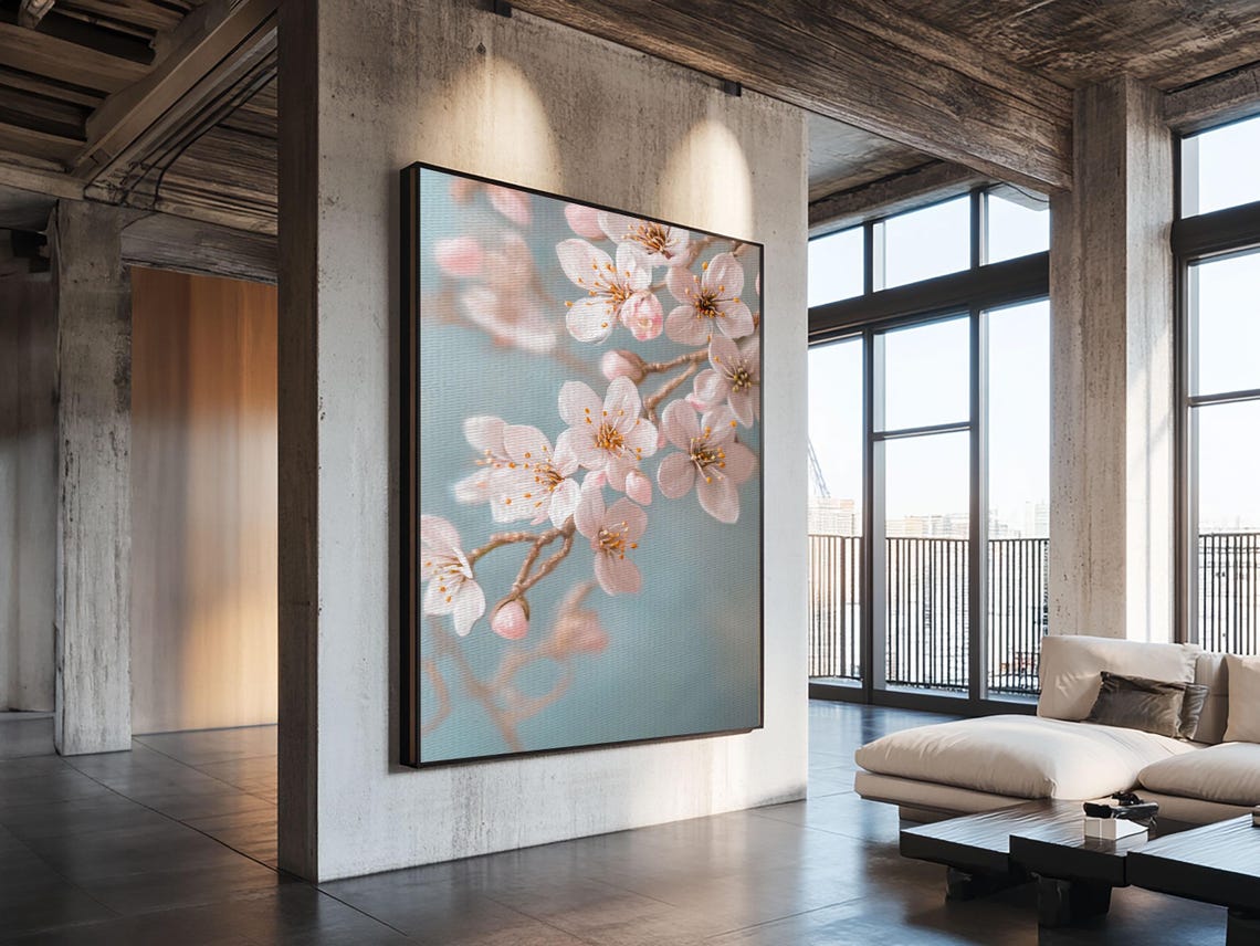 Delicate Cherry Blossom Branch Soft Blue Spring Floral Wall Art Poster - Image 2