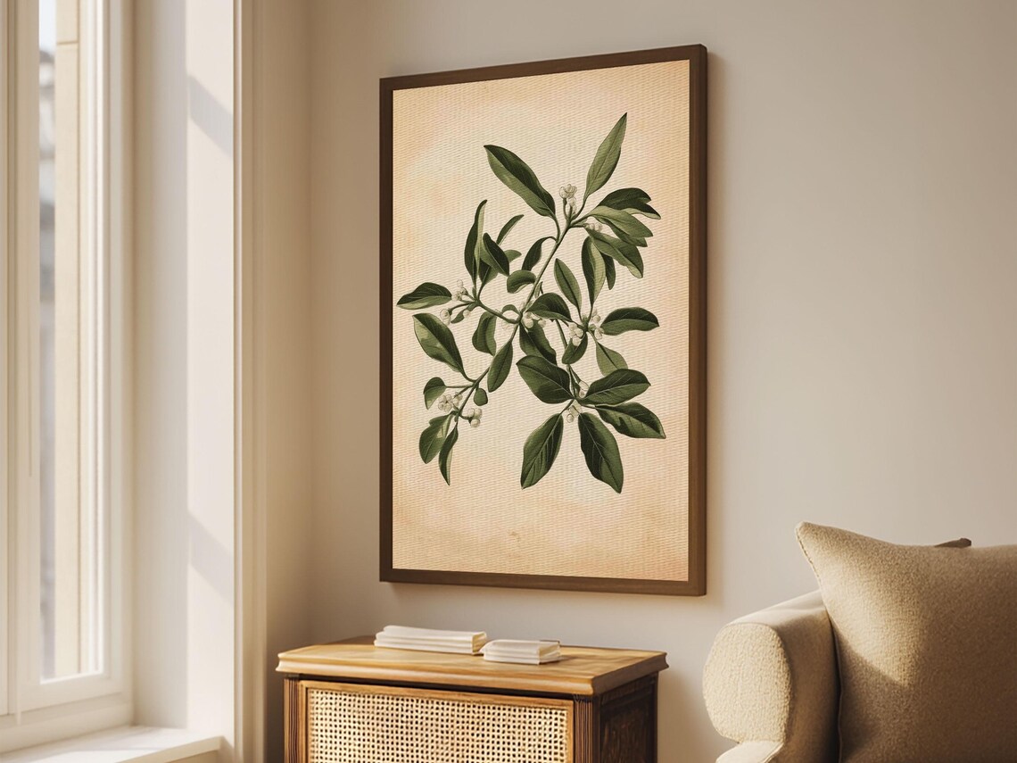 Vintage Botanical Green Leaves White Blossoms On Beige Paper Poster - Image 3