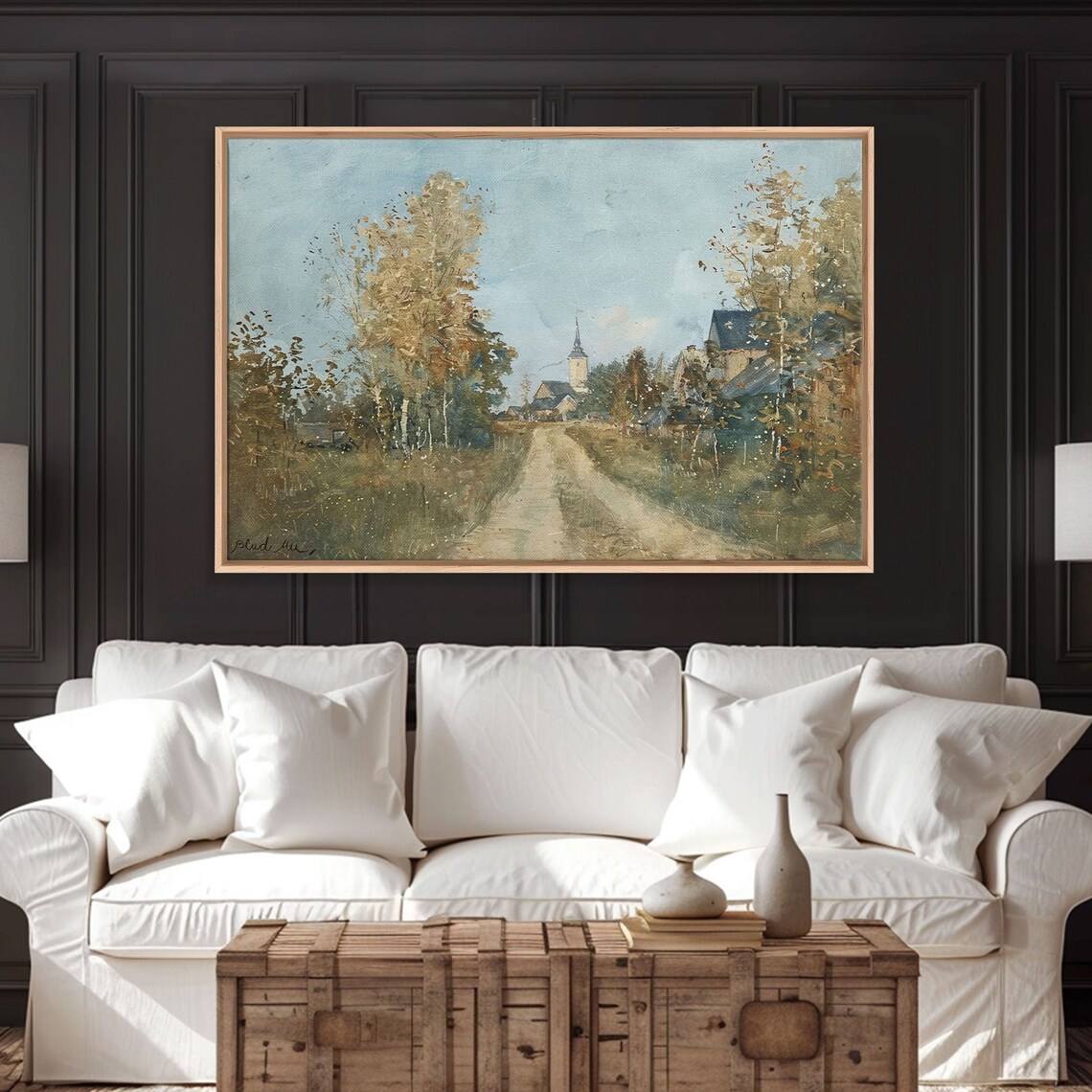 Old Country Road Leading to Village Church Autumn Trees Folk Art Poster - Image 3