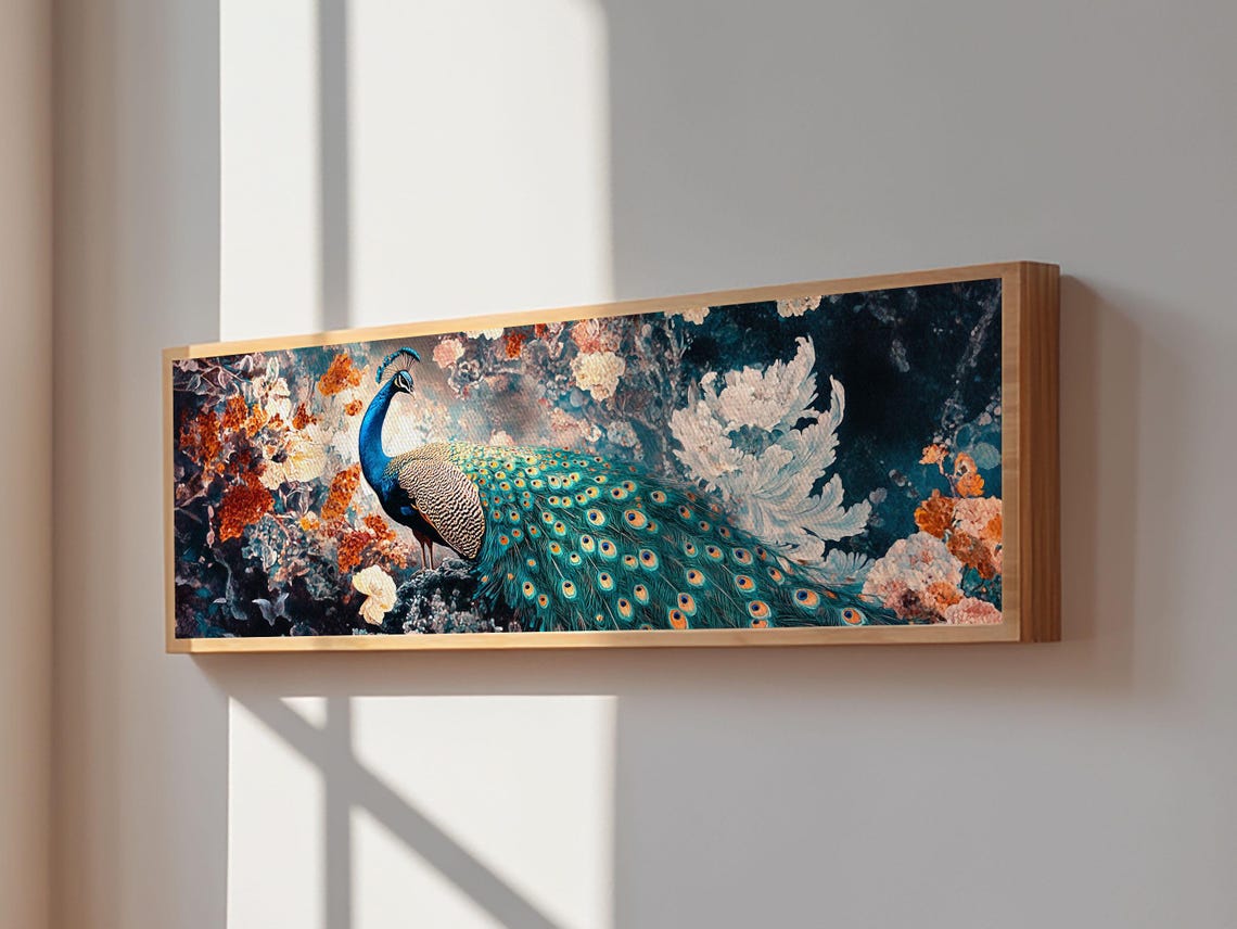 Vibrant Peacock Mosaic Floral Panoramic Living Room Wall Art Poster - Image 5