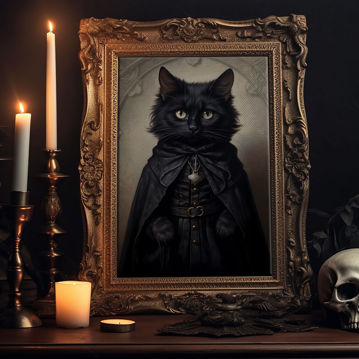 Victorian Cat Portrait, Gothic Halloween Art Print
