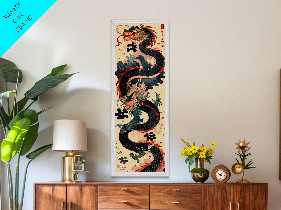 Japanese Dragon Wood Block Print, Cream Background - Image 3