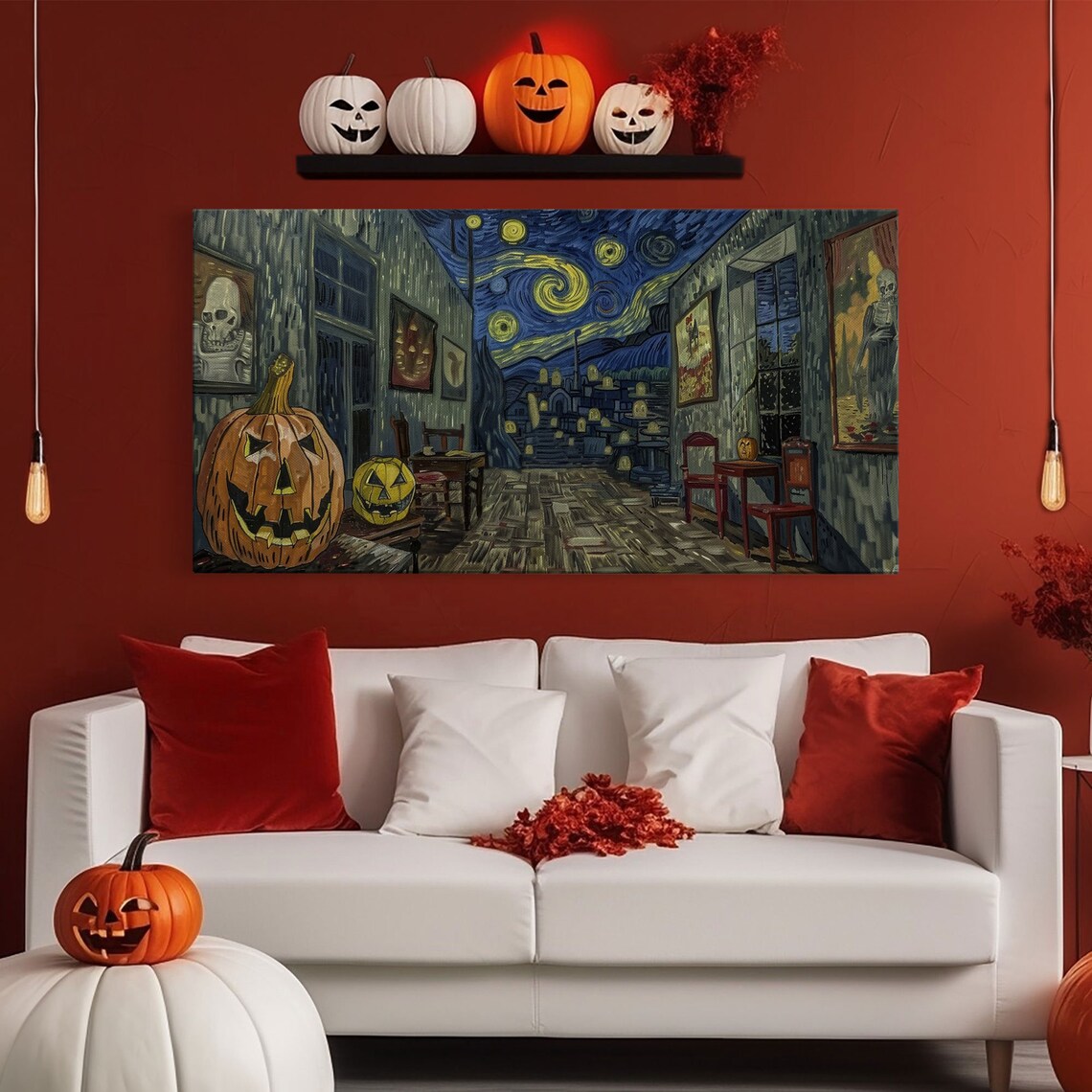 Starry Night Haunted Street Giant Pumpkins Skeleton Art Spooky Halloween Print - Image 6