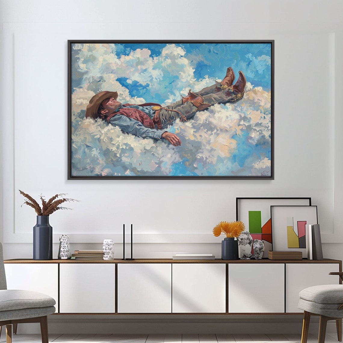 Cowboy Floating On White Clouds Dreamy Sky Western Art Poster