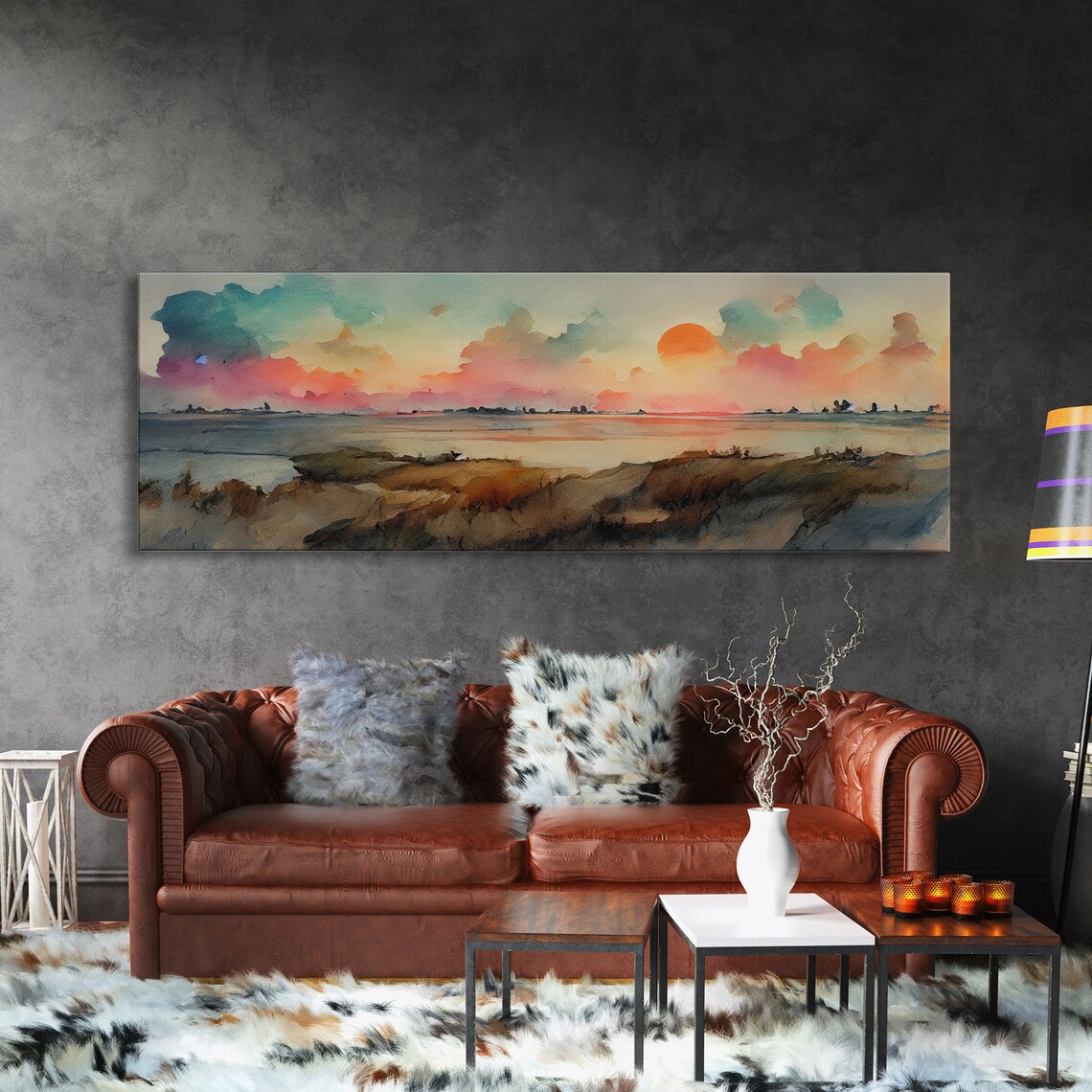 Watercolor Landscape Sunset, Hazy Smoky Sky Art Print - Image 3