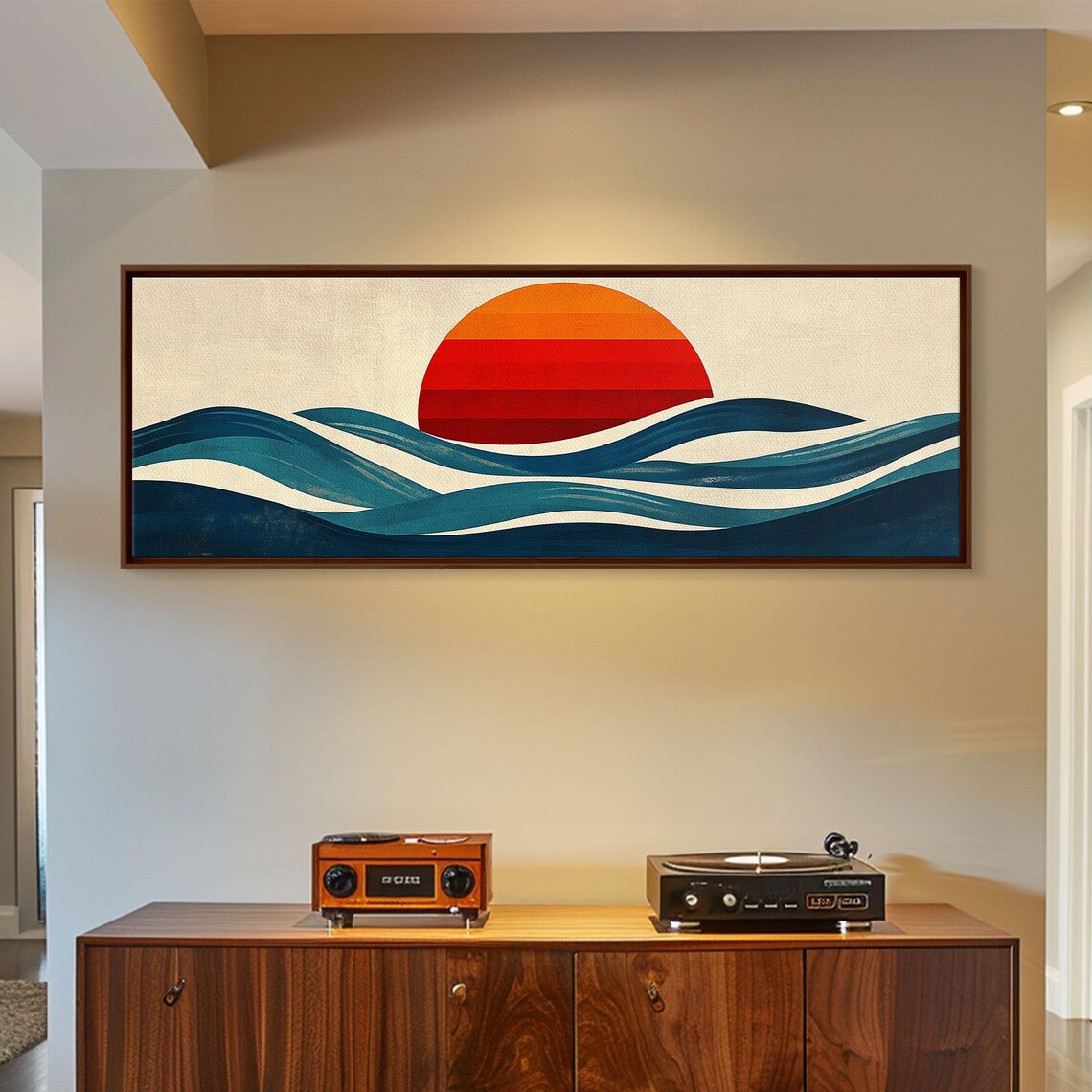 Retro Sunset Over Ocean Waves Teal Navy Vintage Style Travel Poster - Image 3