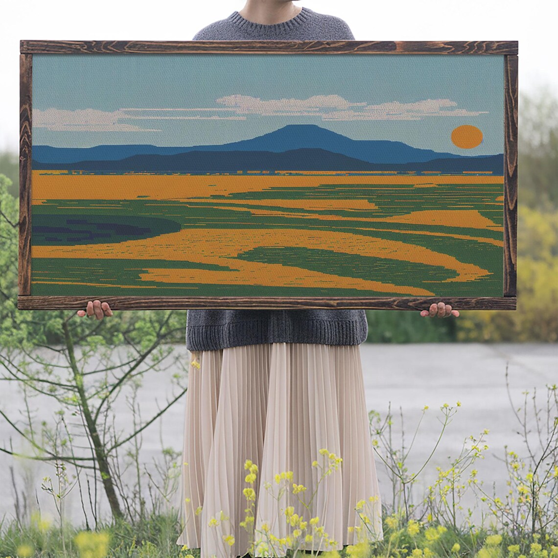 Pixel Art Mountain Landscape Orange Sun Retro Nature Wall Art Poster - Image 2