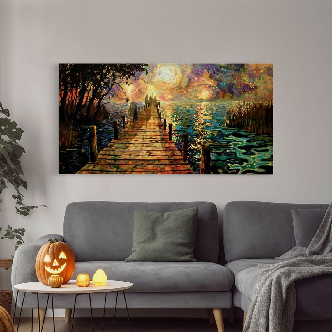 Starry Night Inspired Haunted Ghostly Docks At Night Framed Print Halloween Decor - Image 4
