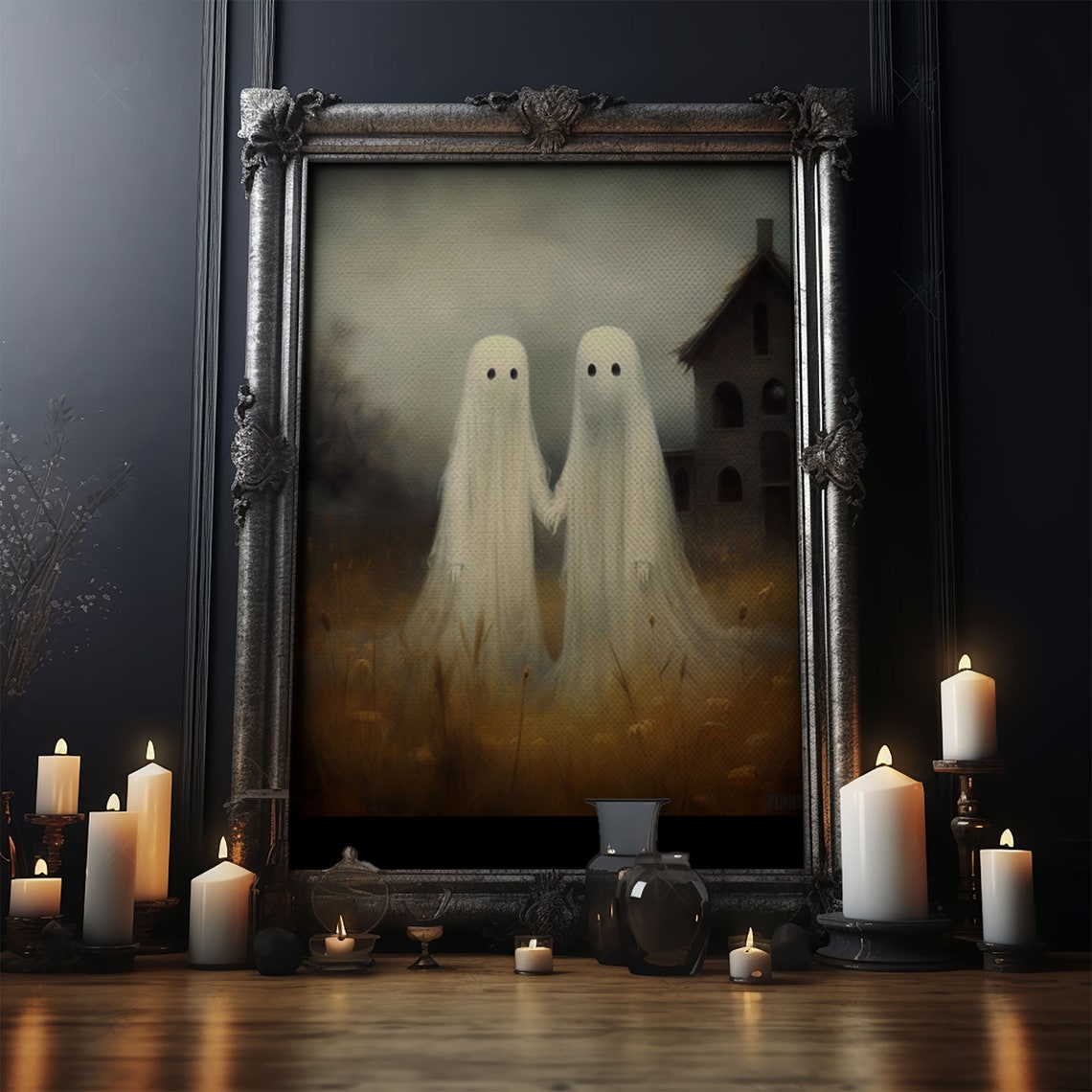 Two Cute Ghosts Holding Hands In Golden Field By Haunted Barn Poster - Image 3