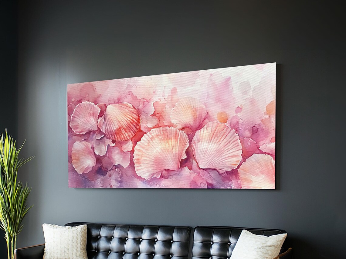 Pink Scallop Shells Wide Horizontal Coastal Watercolor Seashell Art Poster - Image 6