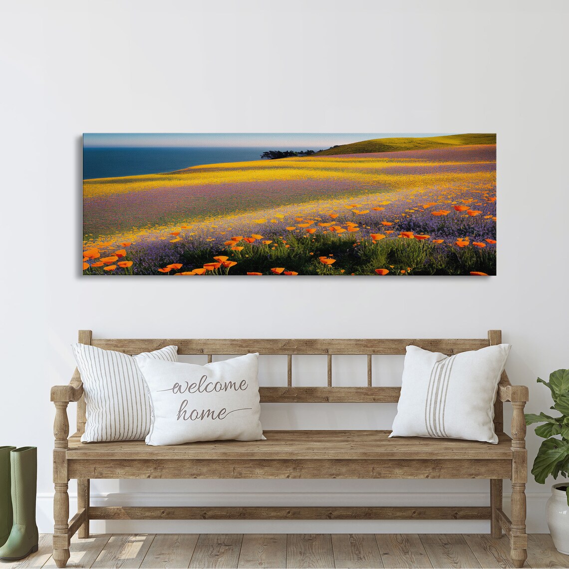 Orange Poppy And Lupine Field By The Ocean Coastline Panoramic Print - Image 2