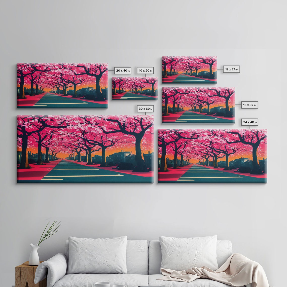 Cherry Blossom Street Pink Trees Sunset Avenue Panoramic Poster - Image 2
